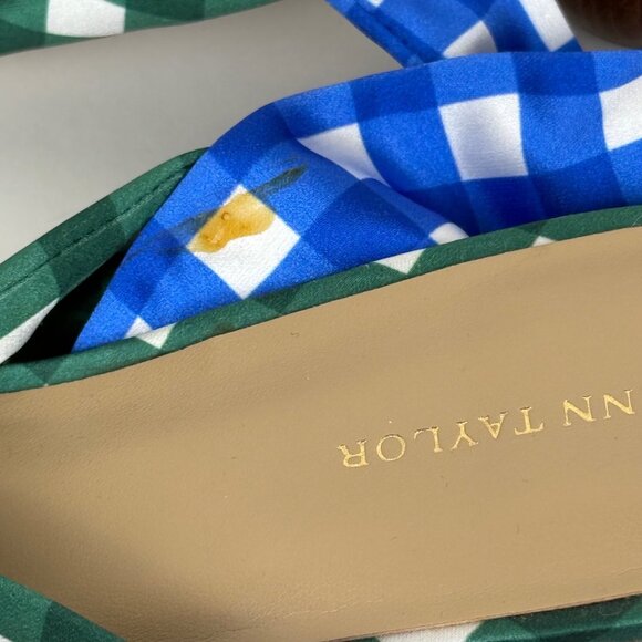 Ann Taylor Lizette Gingham Wrap Sandals Green/Blue Size 7 Wood Heel - Picture 4 of 10